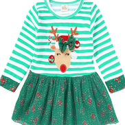 Children's Christmas Reindeer Applique Striped Long Sleeve Dress - Little Janey Shop
