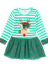 Children's Christmas Reindeer Applique Striped Long Sleeve Dress - Little Janey Shop