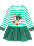 Children's Christmas Reindeer Applique Striped Long Sleeve Dress - Little Janey Shop