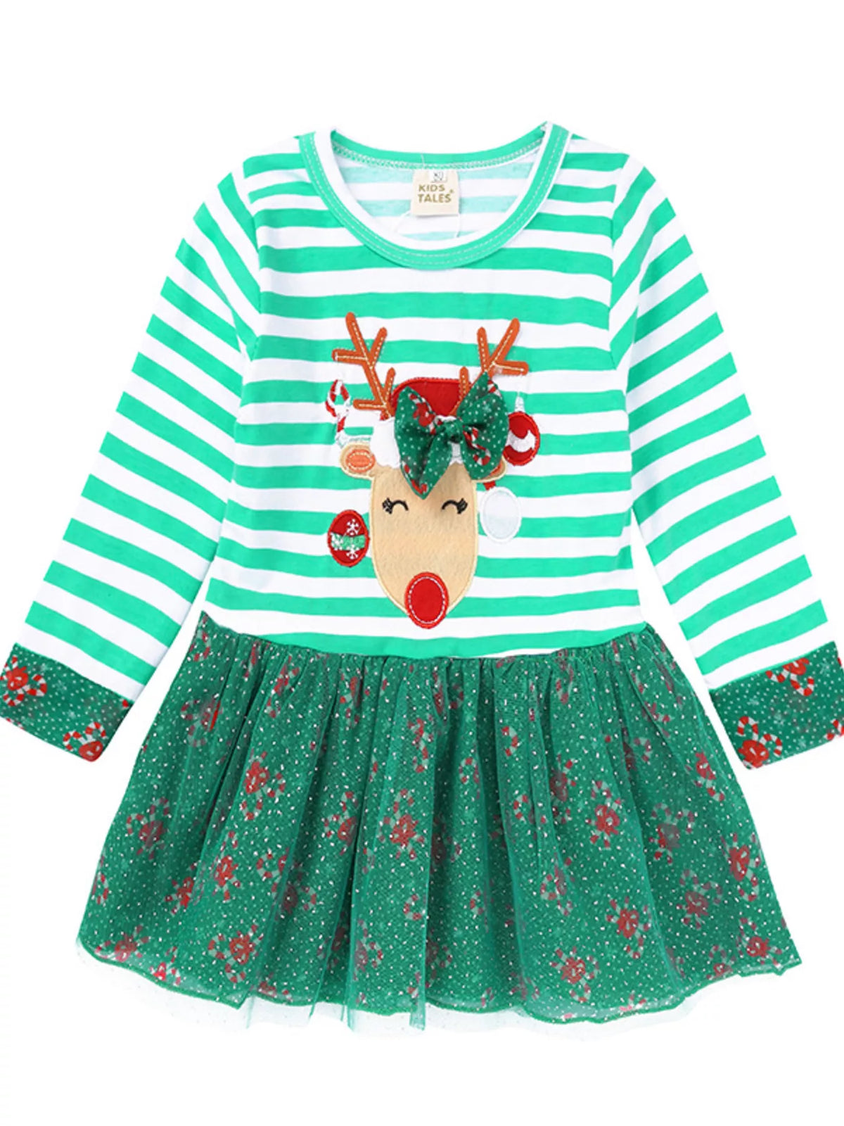 Children's Christmas Reindeer Applique Striped Long Sleeve Dress - Little Janey Shop