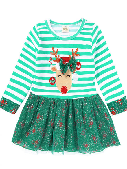 Children's Christmas Reindeer Applique Striped Long Sleeve Dress - Little Janey Shop