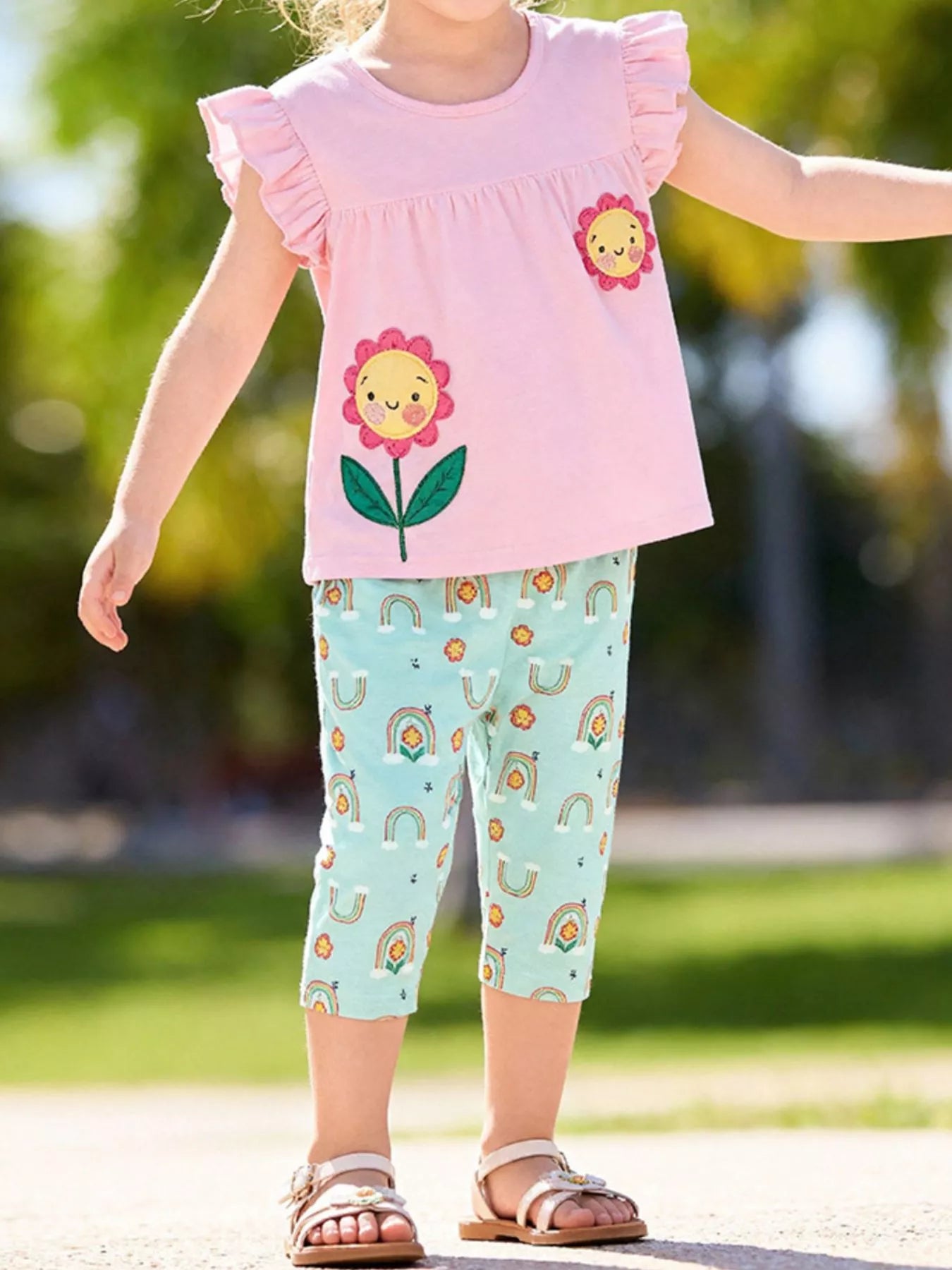 Children's Flower Appliqué Top & Rainbow Print Capri Set - Little Janey Shop