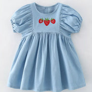 Children's Strawberry Embroidered Puff Sleeve Denim Dress - Little Janey Shop