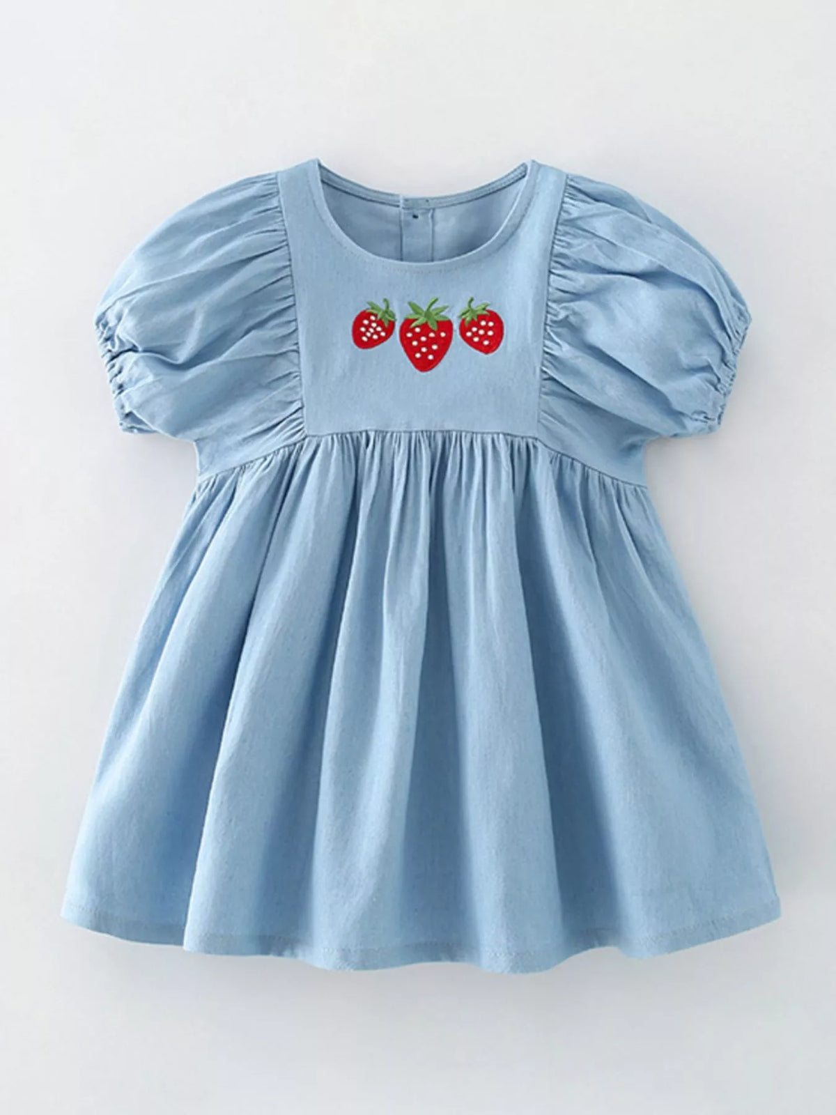 Children's Strawberry Embroidered Puff Sleeve Denim Dress - Little Janey Shop