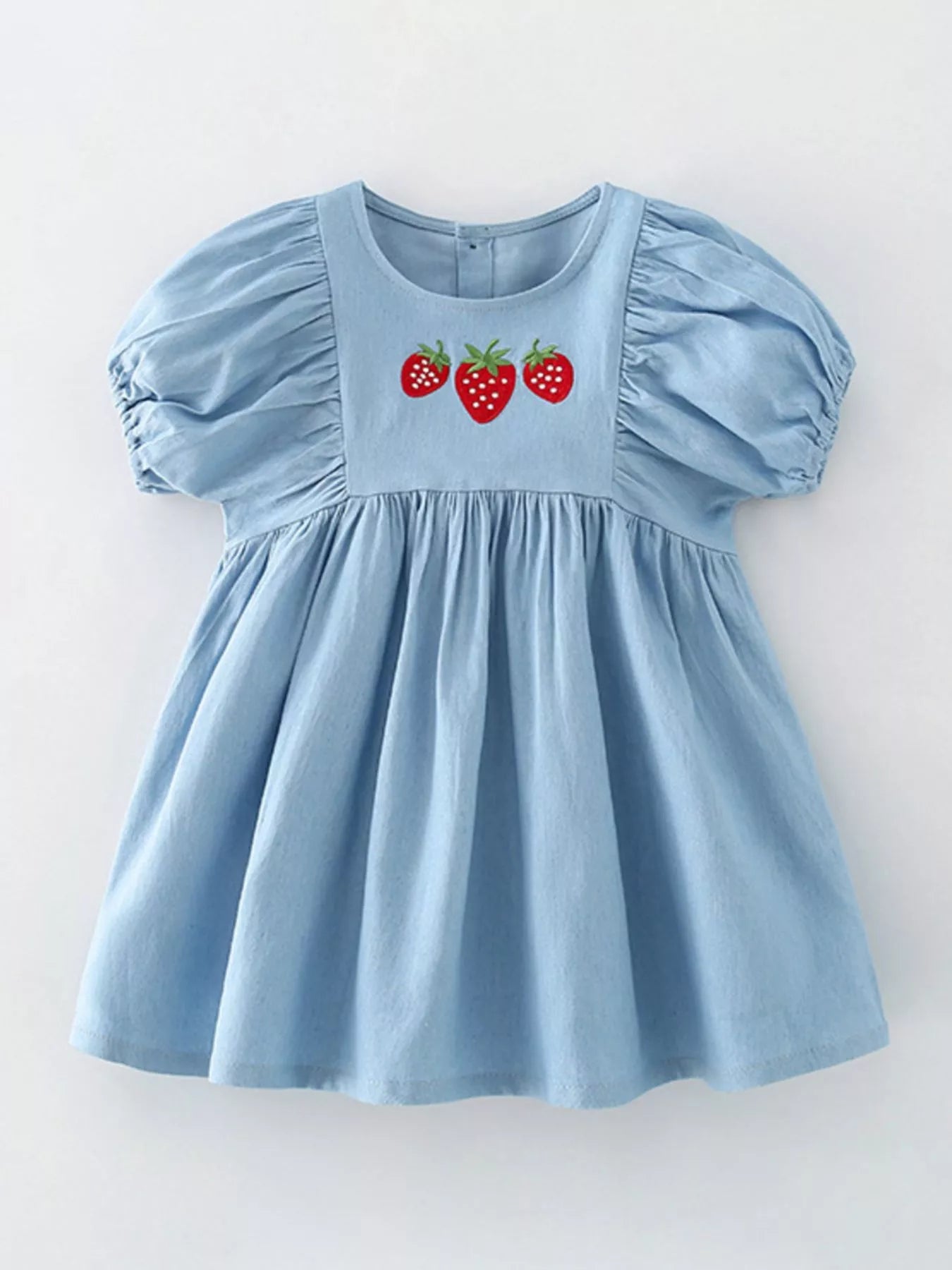 Children's Strawberry Embroidered Puff Sleeve Denim Dress - Little Janey Shop
