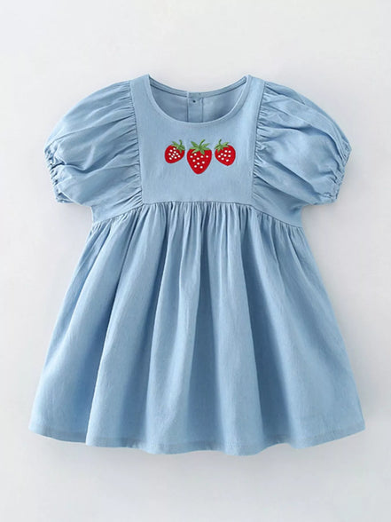 Children's Strawberry Embroidered Puff Sleeve Denim Dress - Little Janey Shop