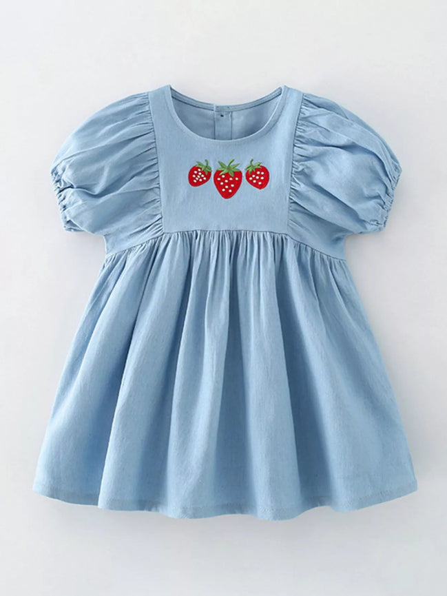 Children's Strawberry Embroidered Puff Sleeve Denim Dress - Little Janey Shop
