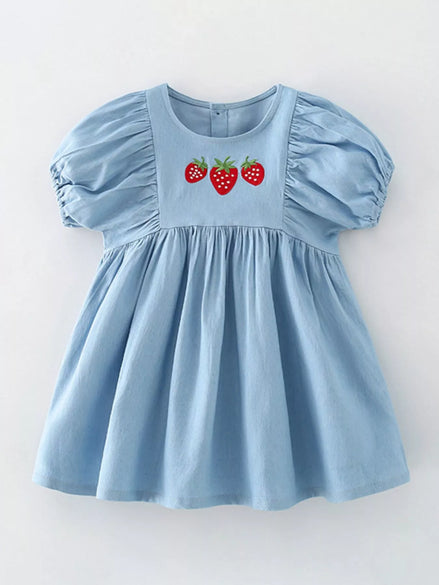 Children's Strawberry Embroidered Puff Sleeve Denim Dress - Little Janey Shop