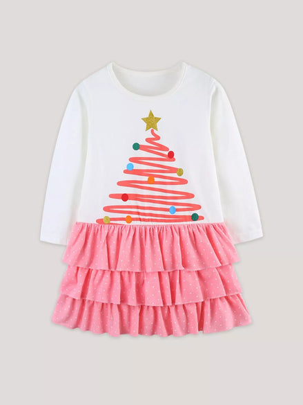 Children's Christmas Tree Ruffle Layered Dress - Little Janey Shop