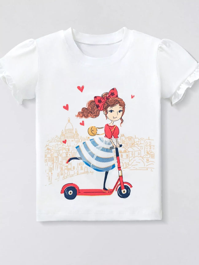 Girls' Scooter Graphic Ruffle Sleeve T-Shirt | 100% Cotton | Sizes 2 - 3Y–8Y - Little Janey Shop