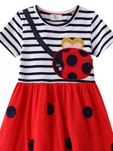 Children's Ladybug Applique Striped Casual Dress - Little Janey Shop