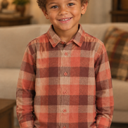 7-year-old biracial boy wearing the rust plaid shirt