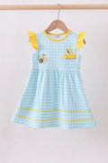 Girls' Blue Gingham Butterfly & Bee Embroidery Flutter Dress – Pocket Detail | 12M–6Y - Little Janey Shop