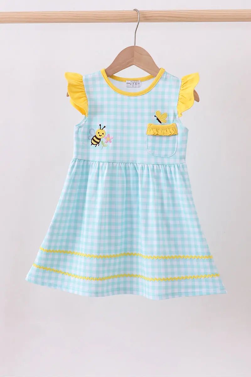 Girls' Blue Gingham Butterfly & Bee Embroidery Flutter Dress – Pocket Detail | 12M–6Y - Little Janey Shop