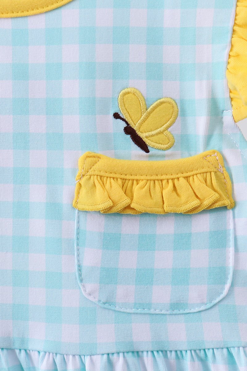 Girls' Blue Gingham Butterfly & Bee Embroidery Flutter Dress – Pocket Detail | 12M–6Y - Little Janey Shop