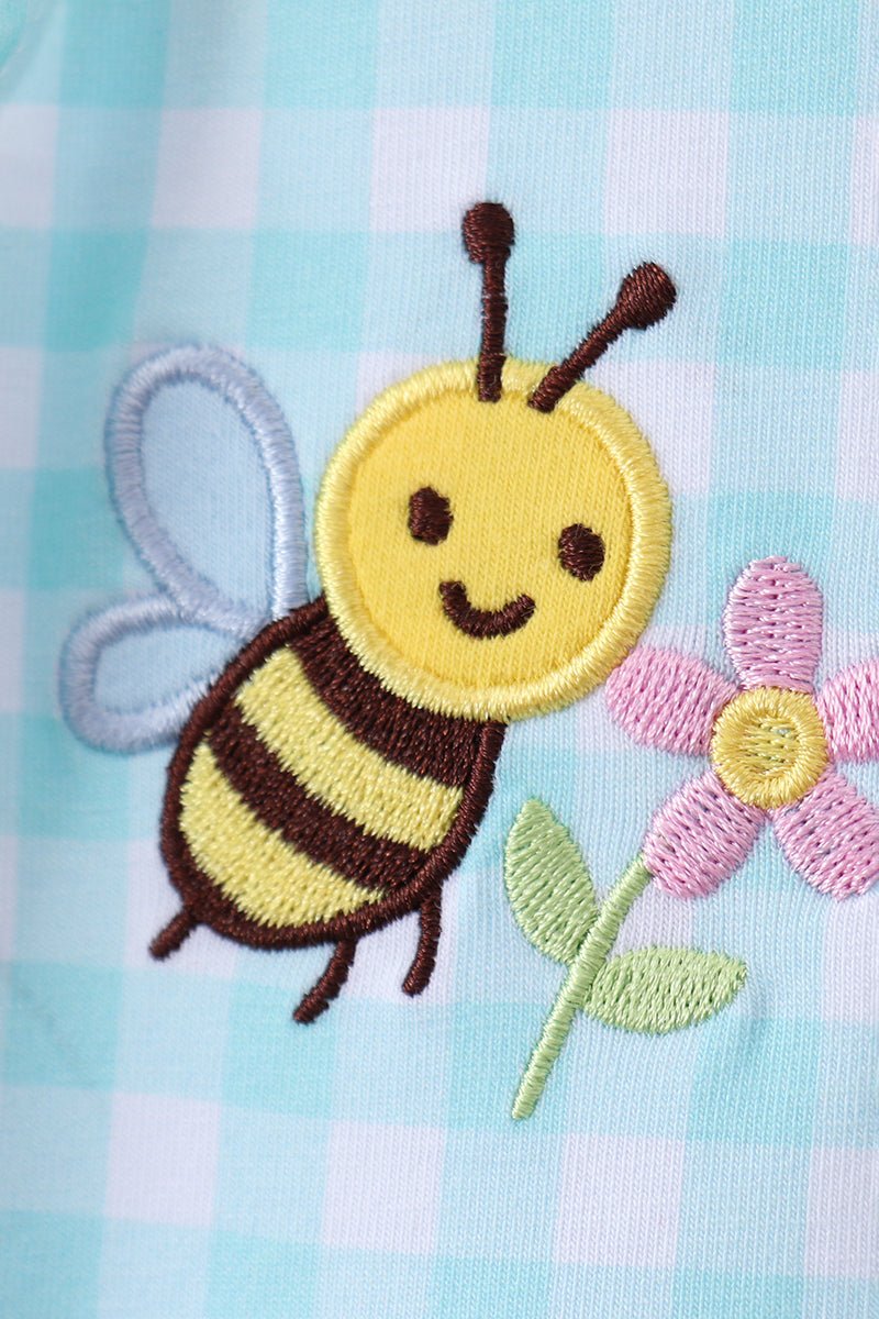 Girls' Blue Gingham Butterfly & Bee Embroidery Flutter Dress – Pocket Detail | 12M–6Y - Little Janey Shop