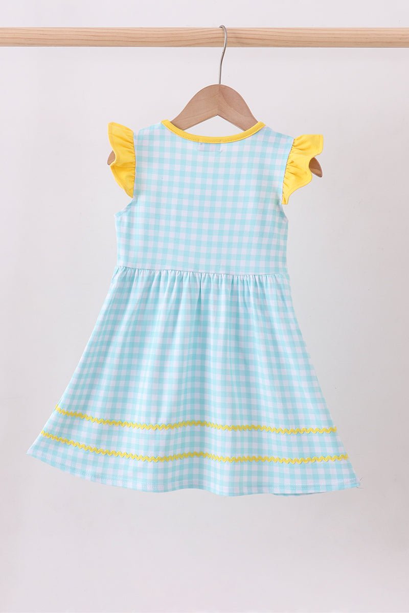 Girls' Blue Gingham Butterfly & Bee Embroidery Flutter Dress – Pocket Detail | 12M–6Y - Little Janey Shop