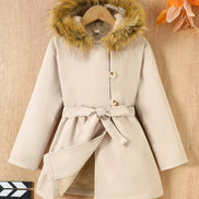 Children's Tie Waist Faux Fur Hooded Outerwear - Little Janey Shop