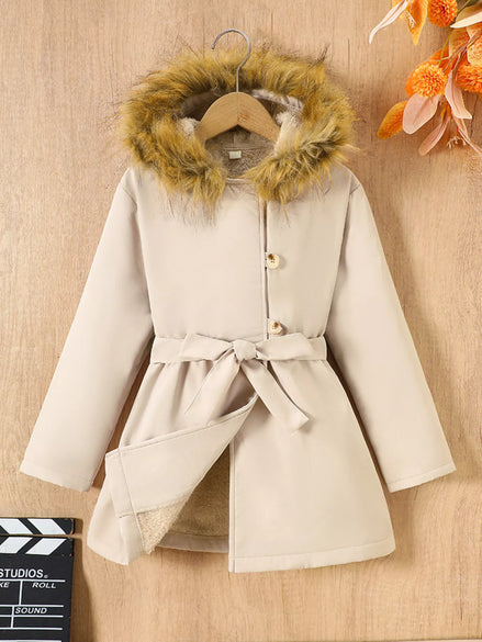 Children's Tie Waist Faux Fur Hooded Outerwear - Little Janey Shop