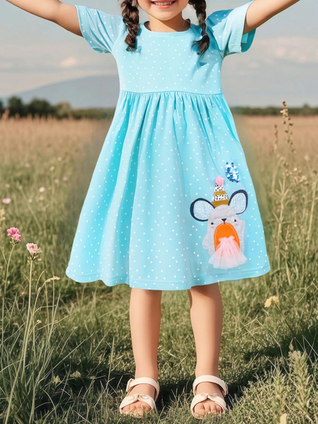 Children's Round Neck Cartoon Polka Dot Dress - Little Janey Shop