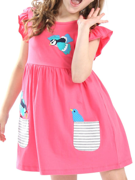 Children's Bird Applique Pocket Ruffle Sleeve Dress - Little Janey Shop
