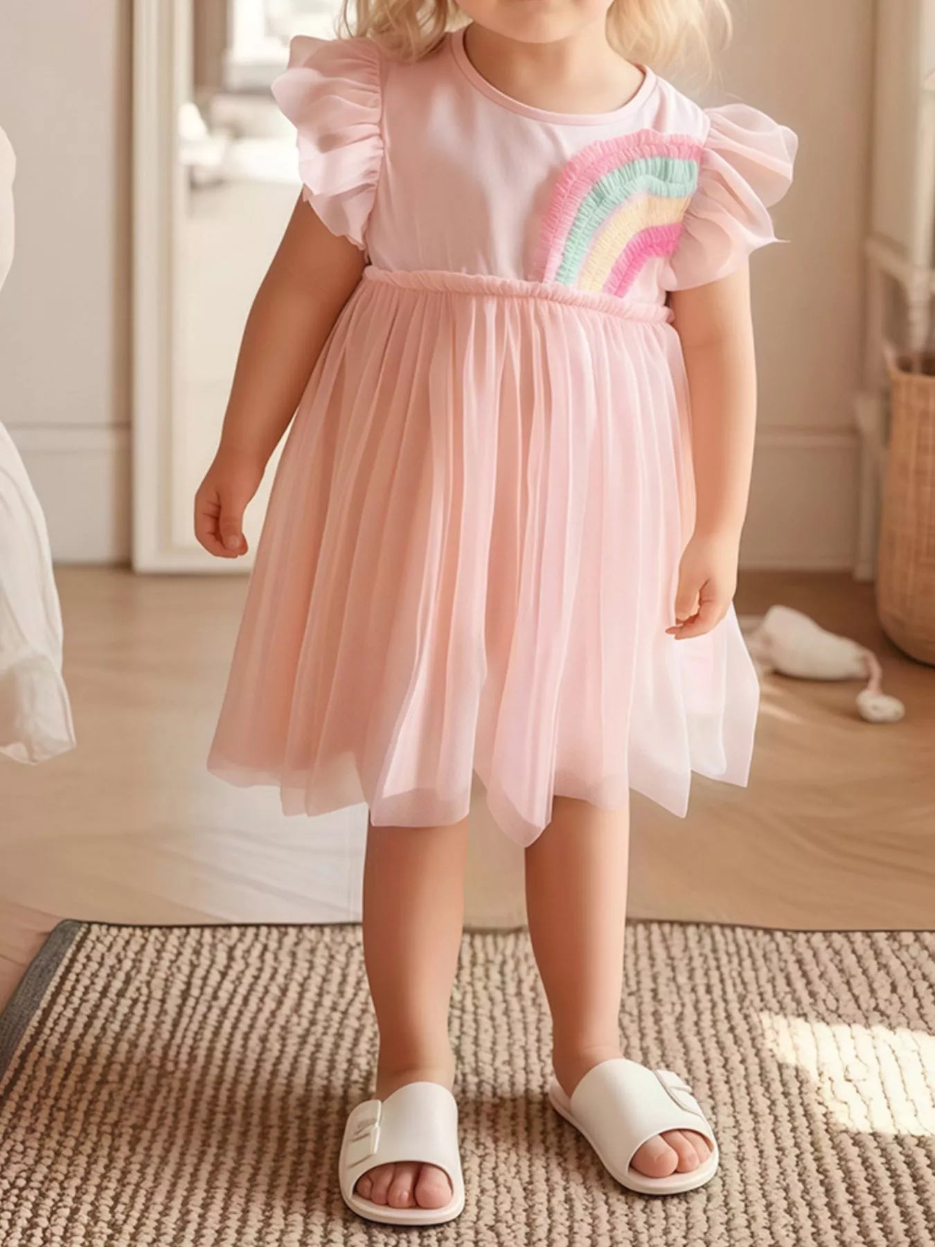 Children's Watermelon Pink Rainbow Appliqué Tulle Dress - Little Janey Shop