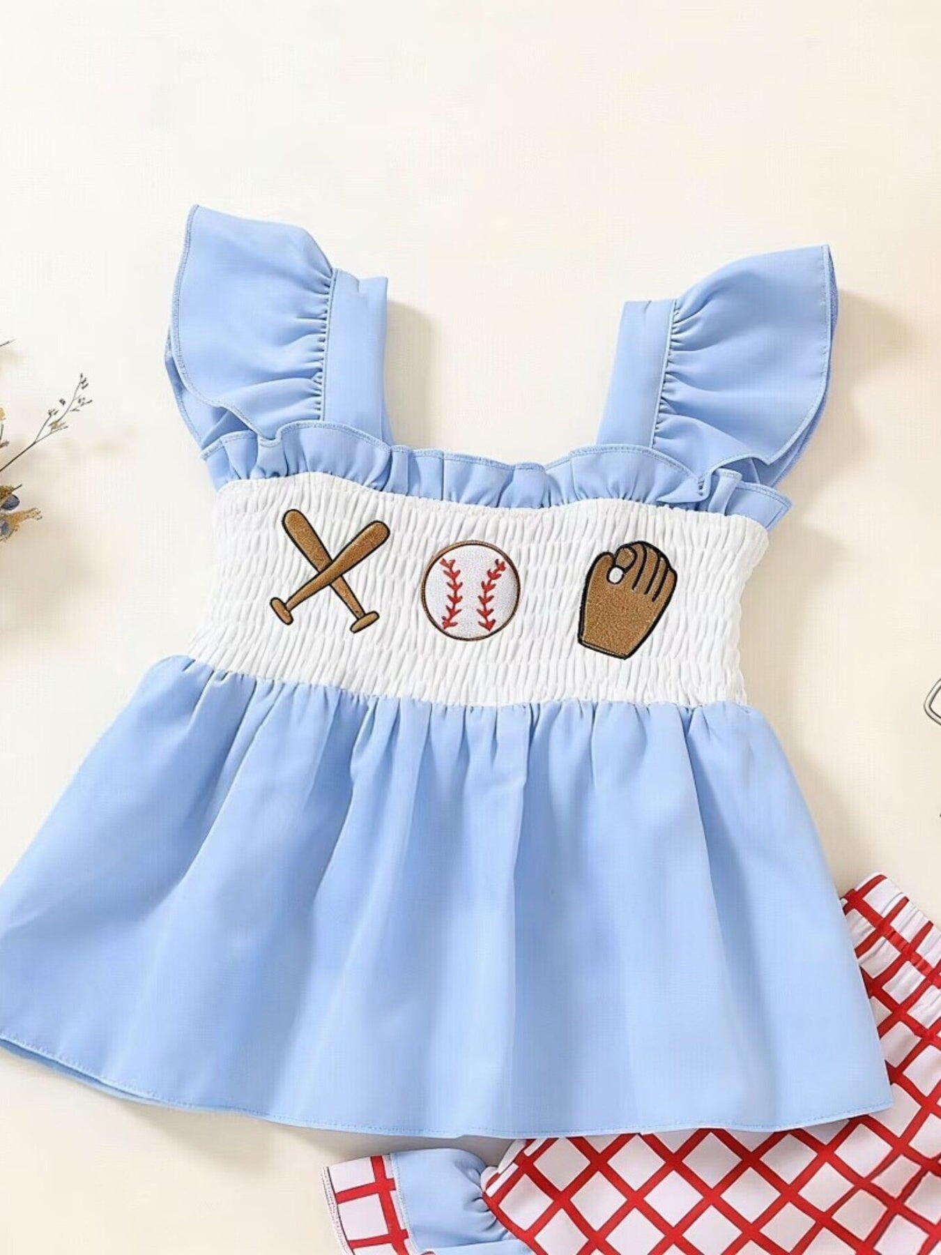 Children's Baseball Embroidered Ruffle Trim Top and Shorts Set - Little Janey Shop