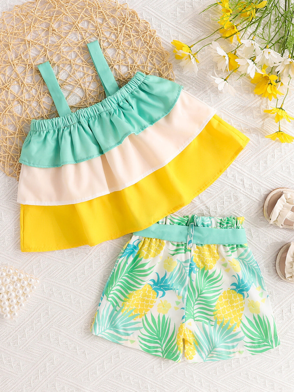 Children's Ruffle Trim Layered Cami Top & Pineapple Print Shorts Set - Little Janey Shop