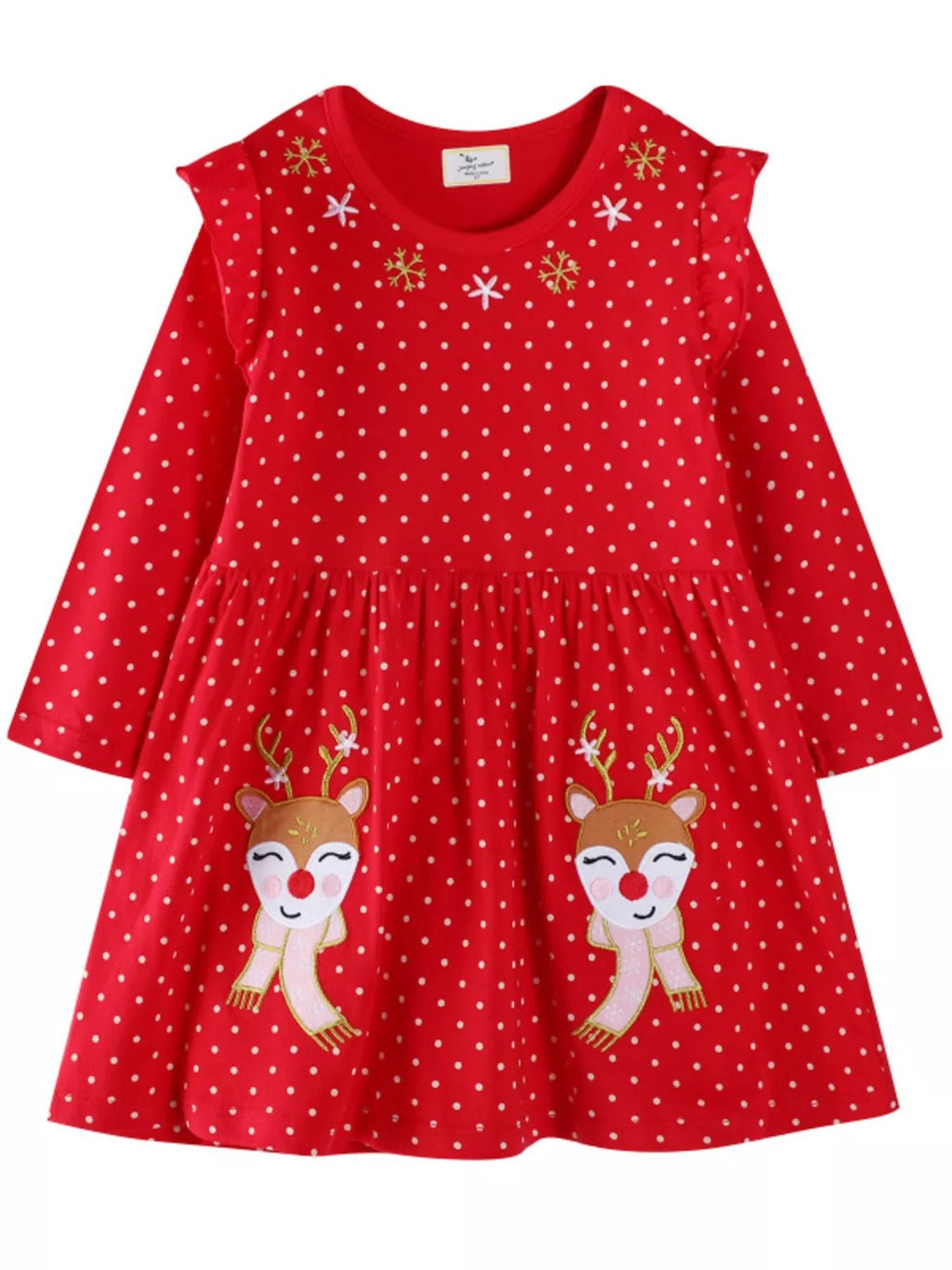 Children's Christmas Reindeer Polka Dot Long Sleeve Dress - Little Janey Shop