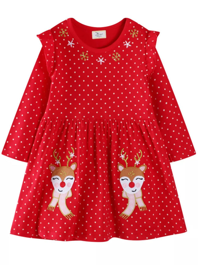 Children's Christmas Reindeer Polka Dot Long Sleeve Dress - Little Janey Shop