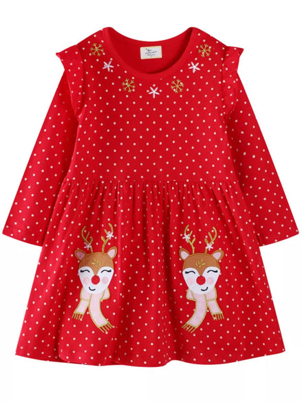 Children's Christmas Reindeer Polka Dot Long Sleeve Dress - Little Janey Shop