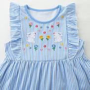 Children's Striped Bunny Embroidered Ruffle Sleeve Dress - Little Janey Shop
