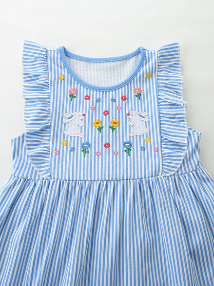 Children's Striped Bunny Embroidered Ruffle Sleeve Dress - Little Janey Shop