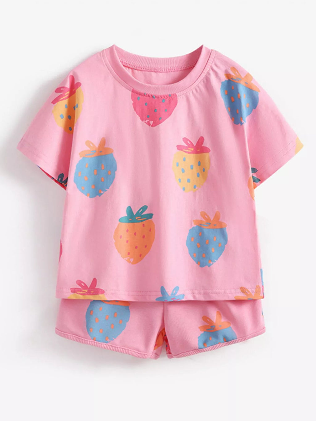 Children's Strawberry Print Round Neck Tee and Shorts Set - Little Janey Shop