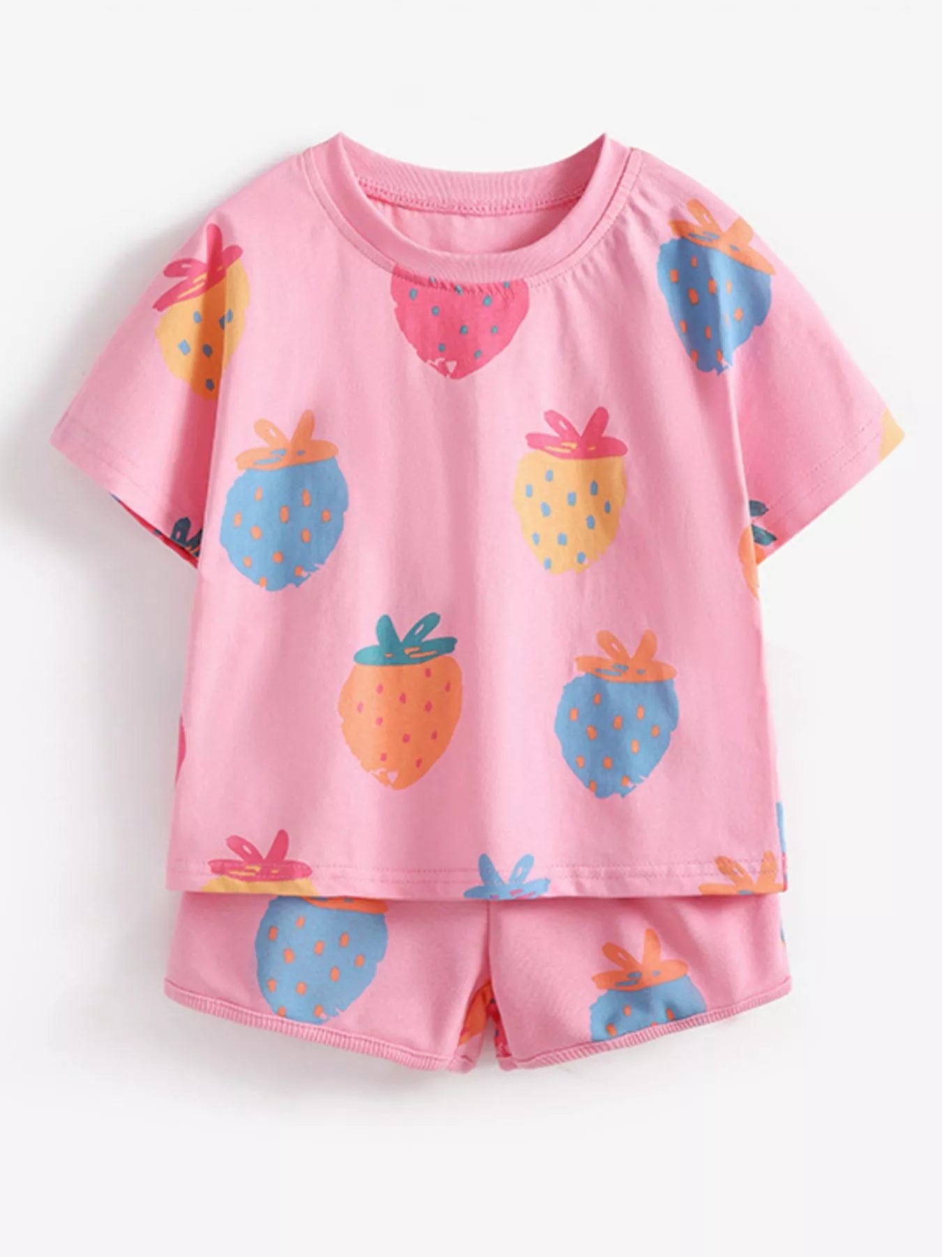 Children's Strawberry Print Round Neck Tee and Shorts Set - Little Janey Shop
