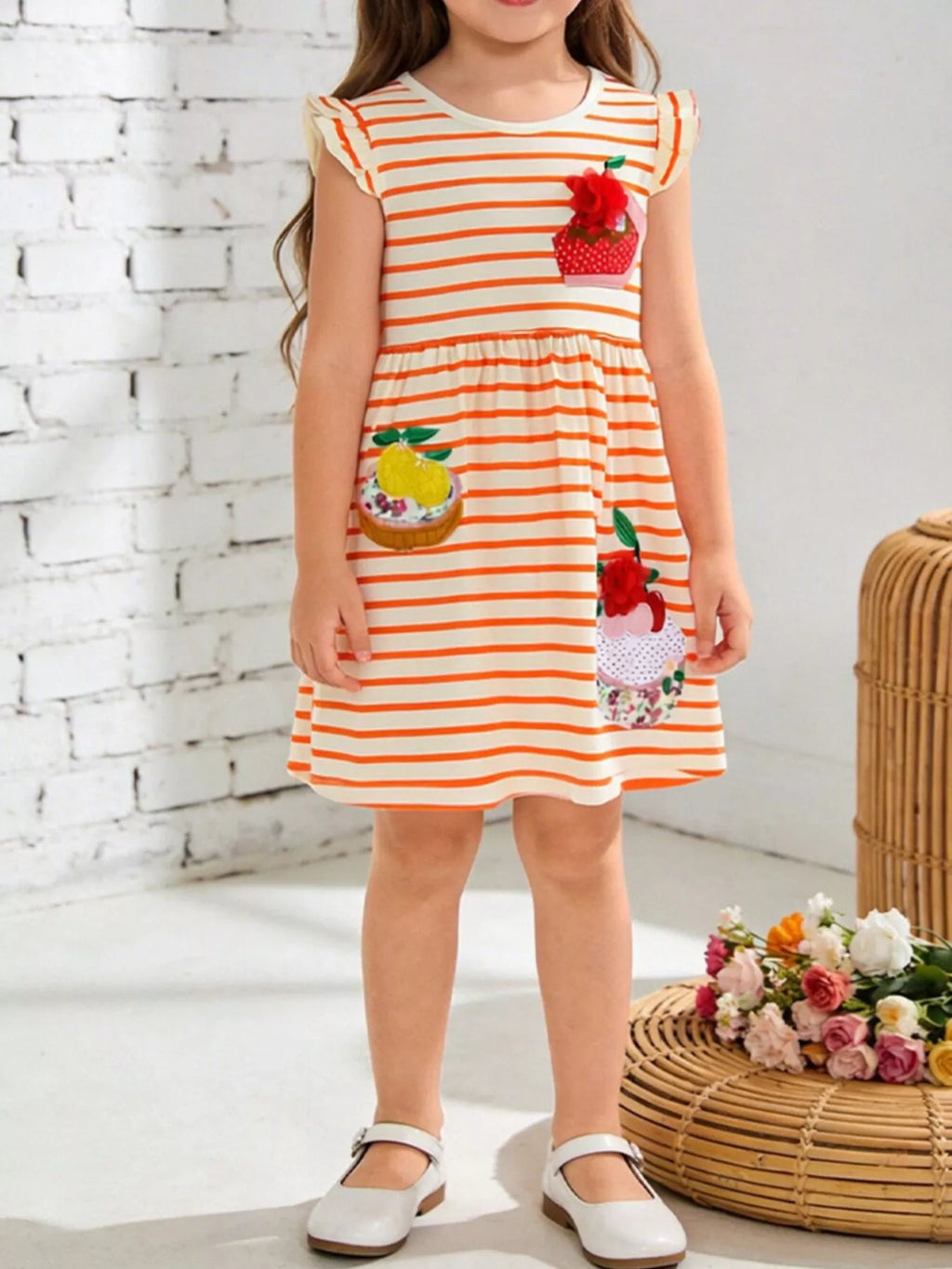 Children's Fruit Embroidered Ruffled Striped Dress - Little Janey Shop