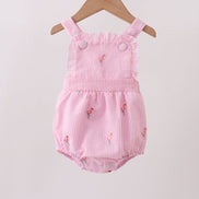 Pink stripe seersucker flamingo embroidery ruffle bubble