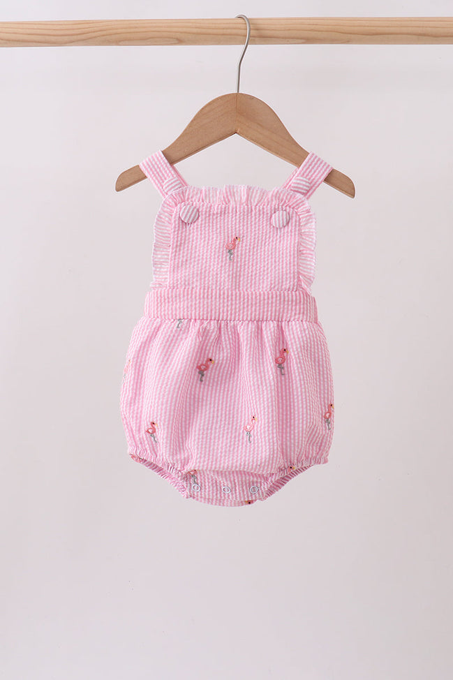 Pink stripe seersucker flamingo embroidery ruffle bubble