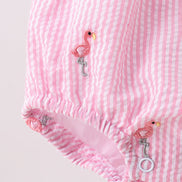 Pink stripe seersucker flamingo embroidery ruffle bubble