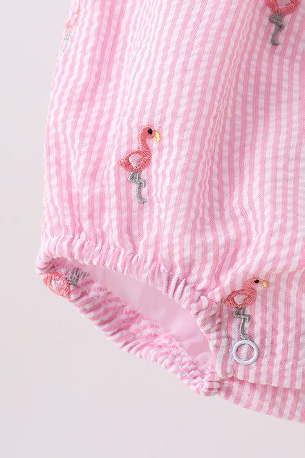 Pink stripe seersucker flamingo embroidery ruffle bubble