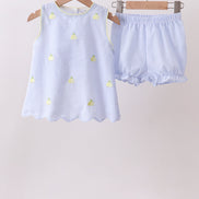 Blue stripe seersucker lemon embroidery scalloped bloomer set