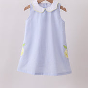 Blue stripe seersucker lemon applique dress