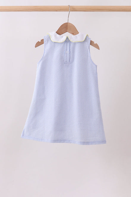 Blue stripe seersucker lemon applique dress