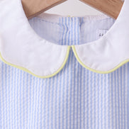 Blue stripe seersucker lemon applique dress