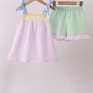 Pink stripe seersucker bow ruffle shorts set