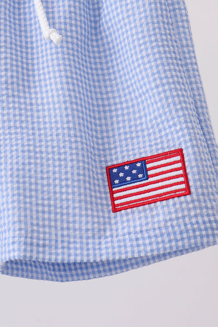 Blue flag embroidery gingham shorts