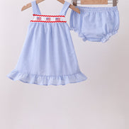 Blue flag embroidery ruffle bloomer set