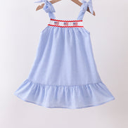 Blue flag embroidery ruffle dress