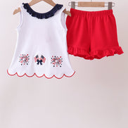 Red flag fireworks embroidery ruffle shorts set