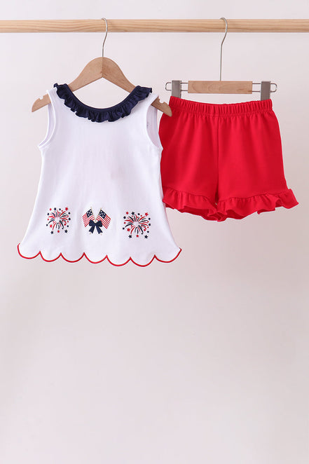 Red flag fireworks embroidery ruffle shorts set
